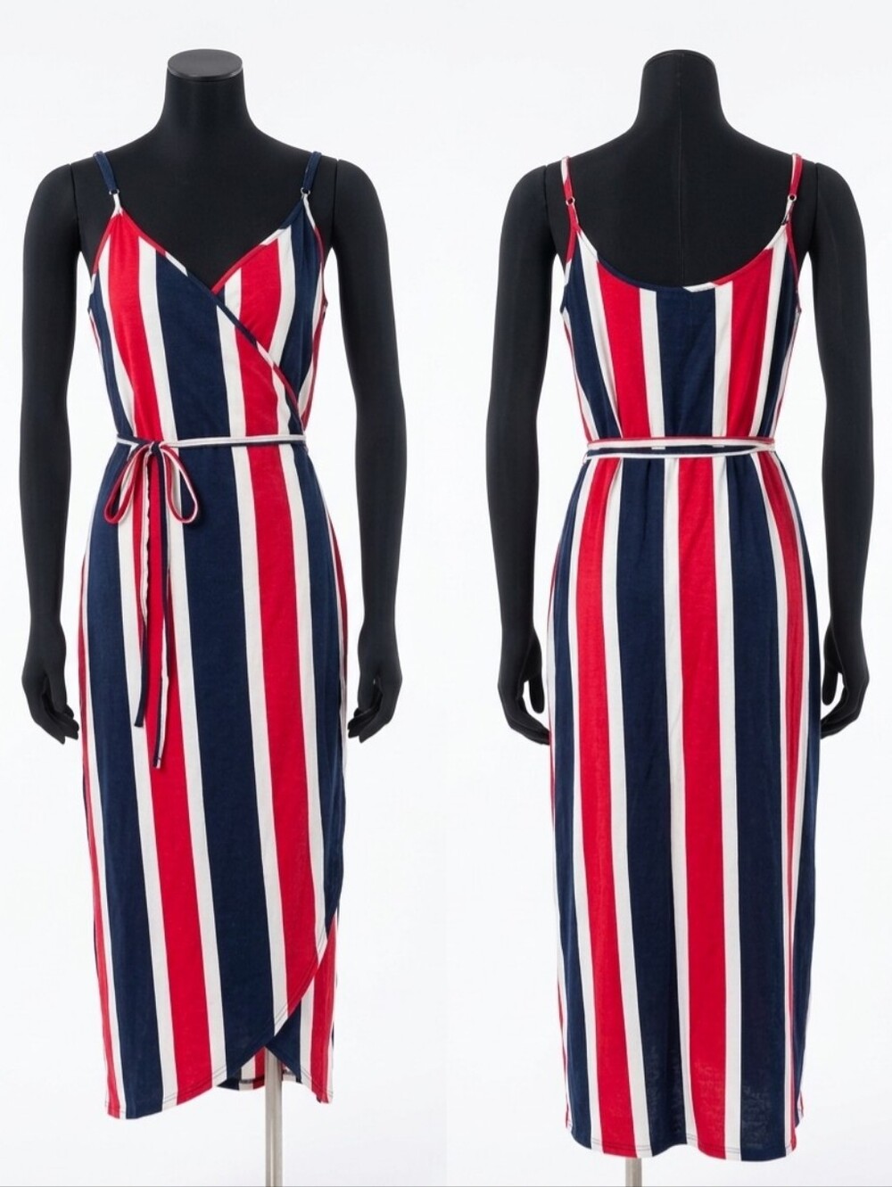ASOS Red Navy White Striped Wrap Midi Dress with Tie Waist